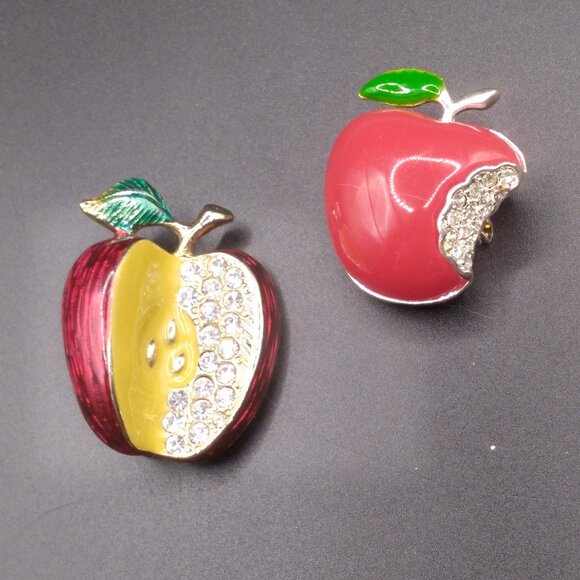 2 Red Enamel & Rhinestone Apple Brooches signed BEST - Picture 1 of 5
